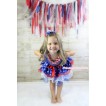 American's Birthday Royal Blue Baby Pettitop with Red White Chevron Satin Lacing with Sparkle Crystal Bling Rhinestone USA Heart Print with Red Bow Patriotic American Star Red White Blue Petal Newborn Pettiskirt NG1528